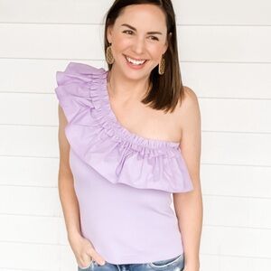 Lavender Purple One Shoulder Ruffle Knit Top